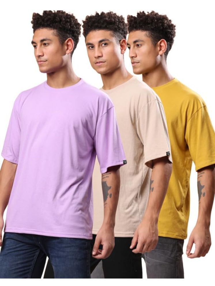     			LONDON HILLS Cotton Blend Oversized Fit Solid Half Sleeves Men's Round T-Shirt - Lavender ( Pack of 3 )