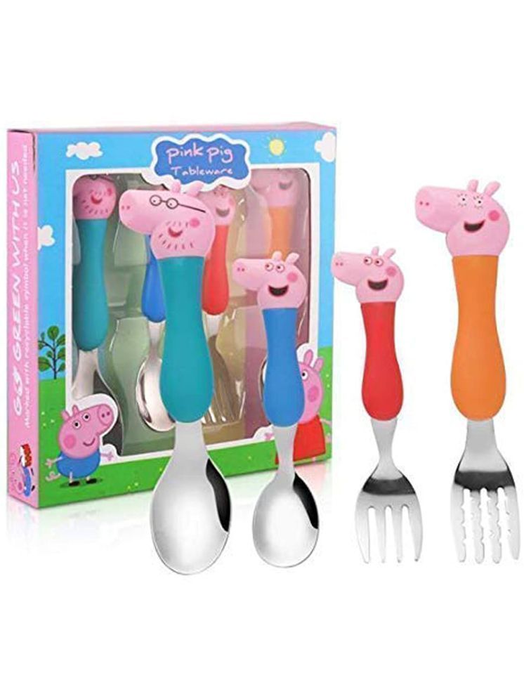     			Mannat Pink Peppa Pig Family Cartoon Theme Stainless Steel Spoon & Fork Set for Kids-Baby Feeding Spoon and Fork Set (Multicolor,Pack of 1)