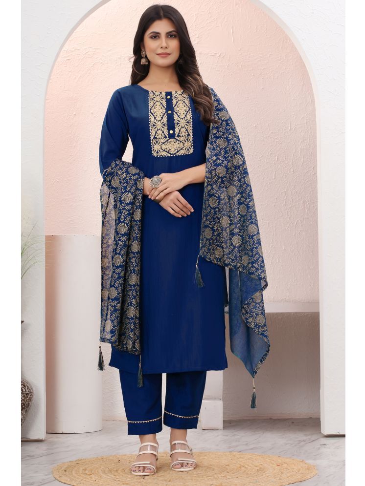     			Mingora Cotton Blend Embellished Kurti With Pants Women's Stitched Salwar Suit - Blue ( Pack of 1 )