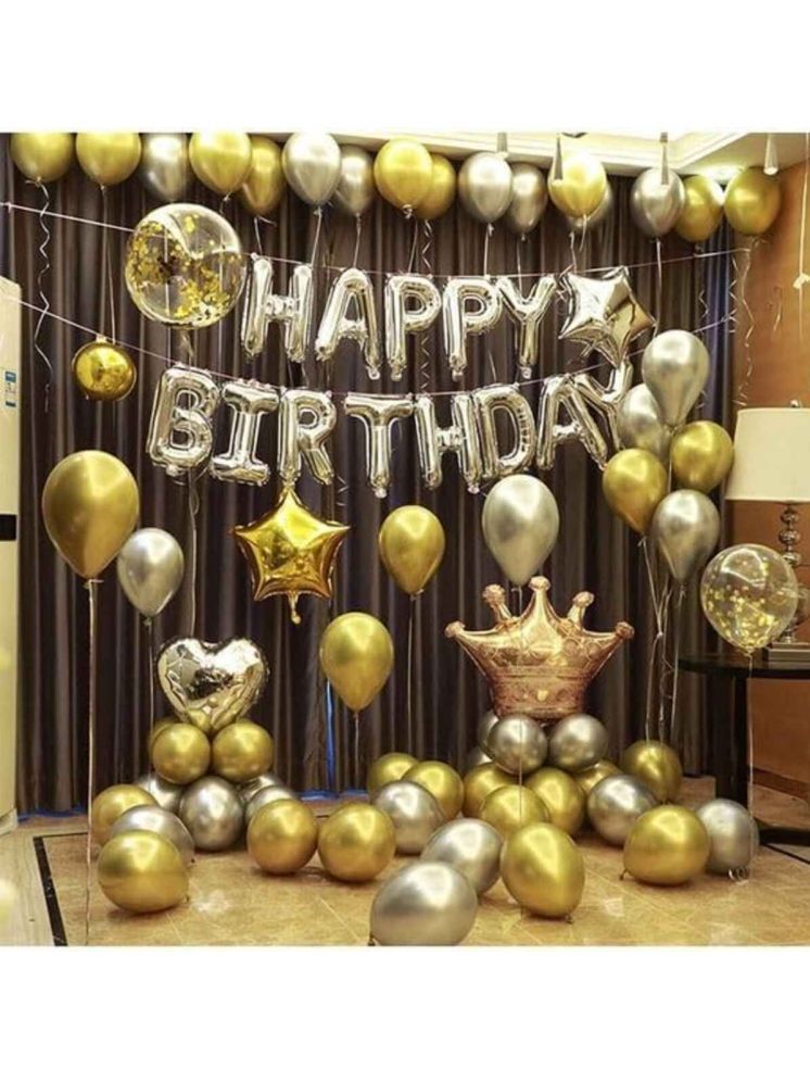     			PartyBooms Happy BIrthday Silver Foil Decoration, 1 Silver Heart Foil Balloon, 1 Gold & 1 SIlver Star Foil, 1 Crown Foil 25 Gold, 25 Silver Metalic Balloons 5 Confetti Balloon Pack of 60