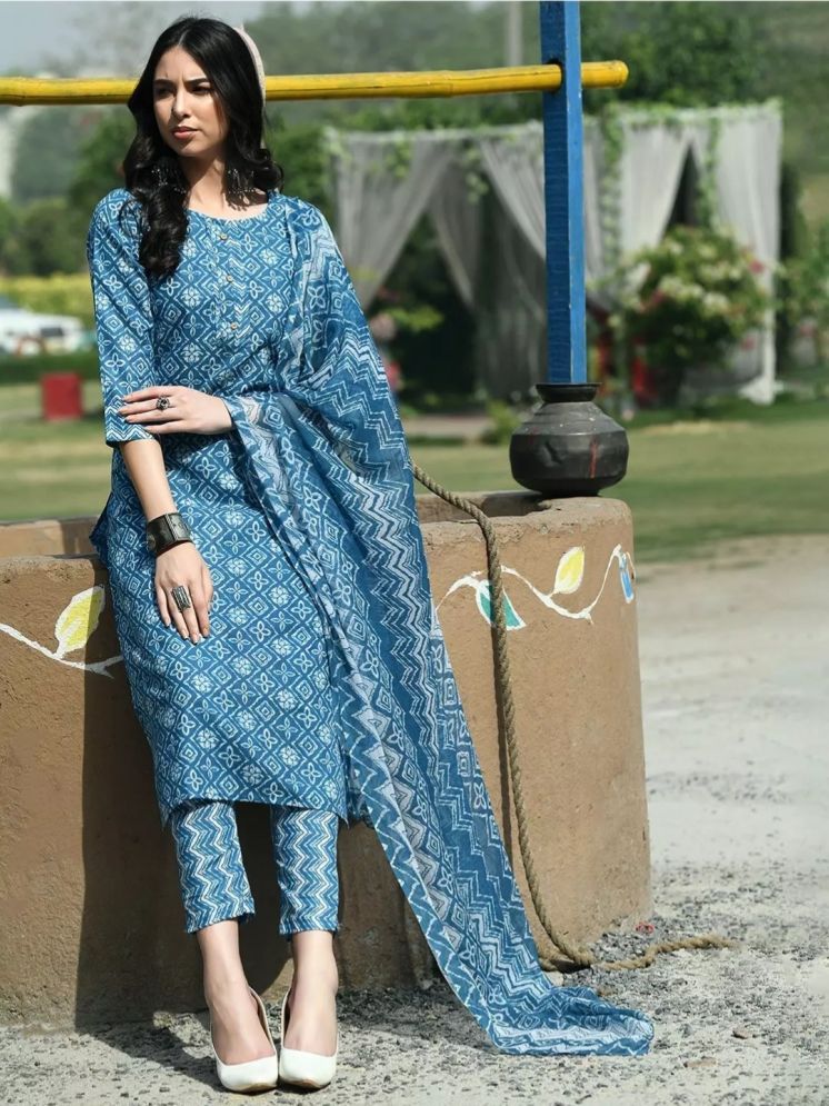     			New Designer Kurti Cotton Printed Kurti With Pants Women's Stitched Salwar Suit - Blue ( Pack of 1 )