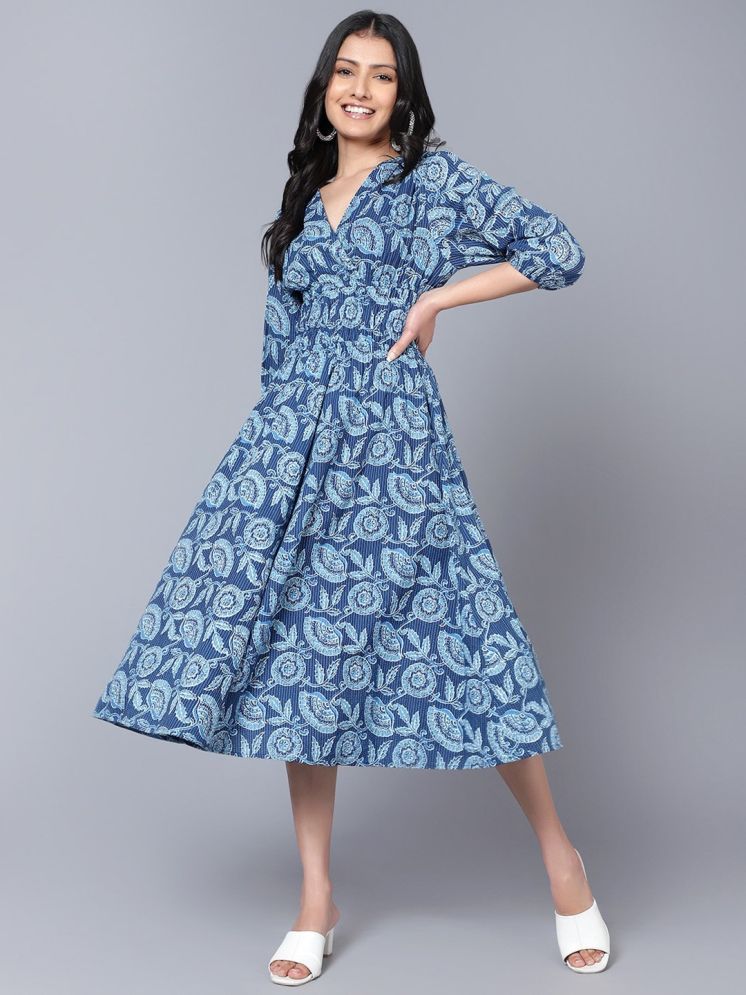     			Femvy Polyester Printed Ankle Length Women's Fit & Flare Dress - Blue ( Pack of 1 )