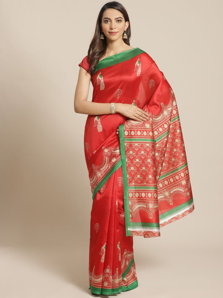     			Grubstaker Pack of 1 Art Silk Printed Saree With Blouse Piece ( Red )