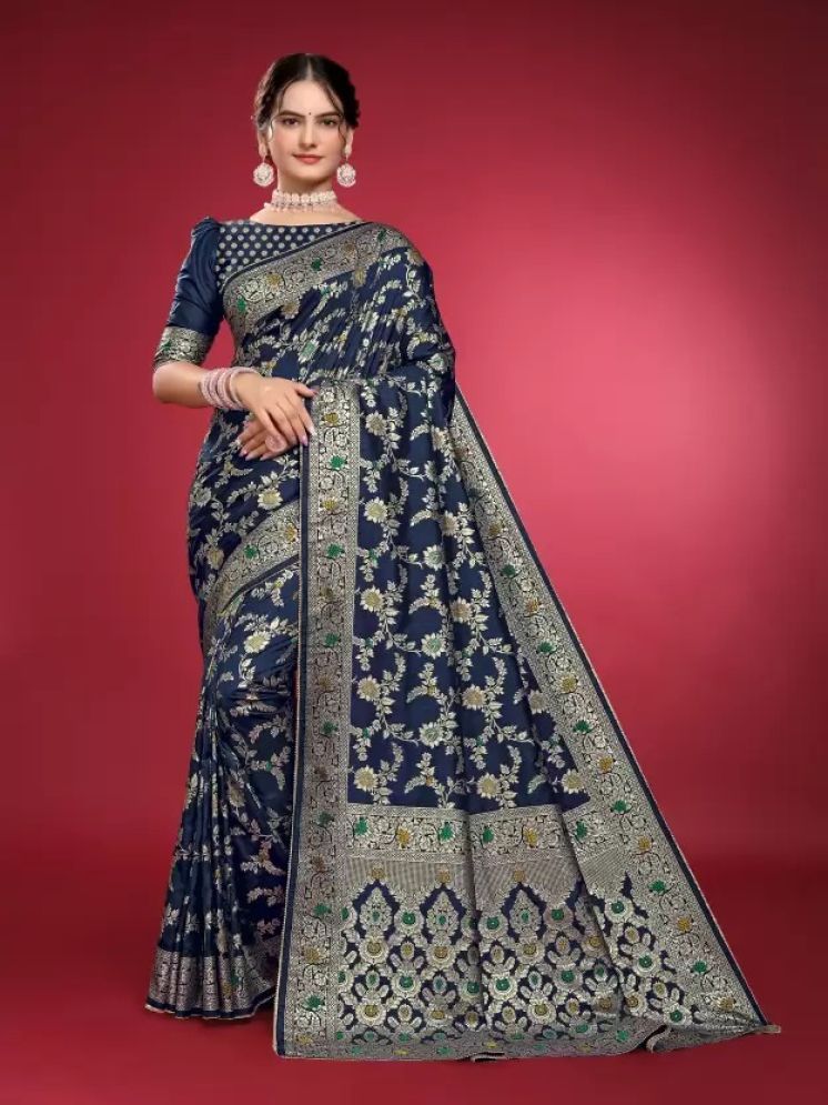     			Saadhvi Pack of 1 Silk Woven Saree With Blouse Piece ( Navy Blue )