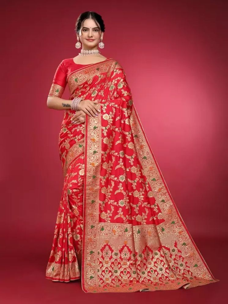     			Vkaran Pack of 1 Silk Woven Saree With Blouse Piece ( Red )