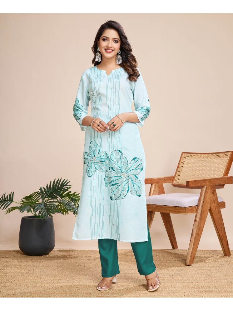     			MOJILAA Linen Printed Kurti With Pants Women's Stitched Salwar Suit - Blue ( Pack of 1 )