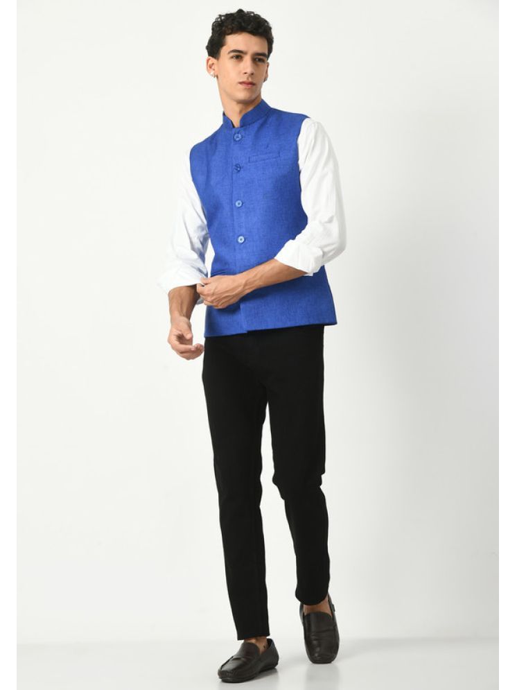     			IndiWeaves Blue Cotton Blend Men's Nehru Jacket ( Pack of 1 )