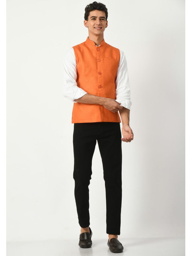     			IndiWeaves Orange Cotton Blend Men's Nehru Jacket ( Pack of 1 )