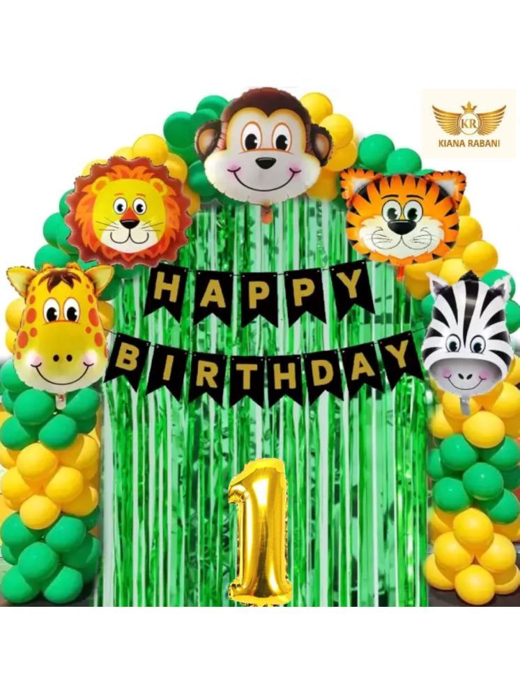     			KR 1ST HAPPY BIRTHDAY PARTY DECORATION WITH HAPPY BIRTHDAY BLACK GOLD BANNER (13), 15 GREEN 15 GOLD BALLOON, 5 ANIMAL FACE BALLOON, 2 GREEN CURTAIN, 1 ARCH, 1 NO. GOLD FOIL BALLOON