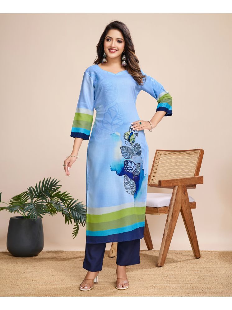     			MOJILAA Linen Printed Kurti With Pants Women's Stitched Salwar Suit - Blue ( Pack of 1 )