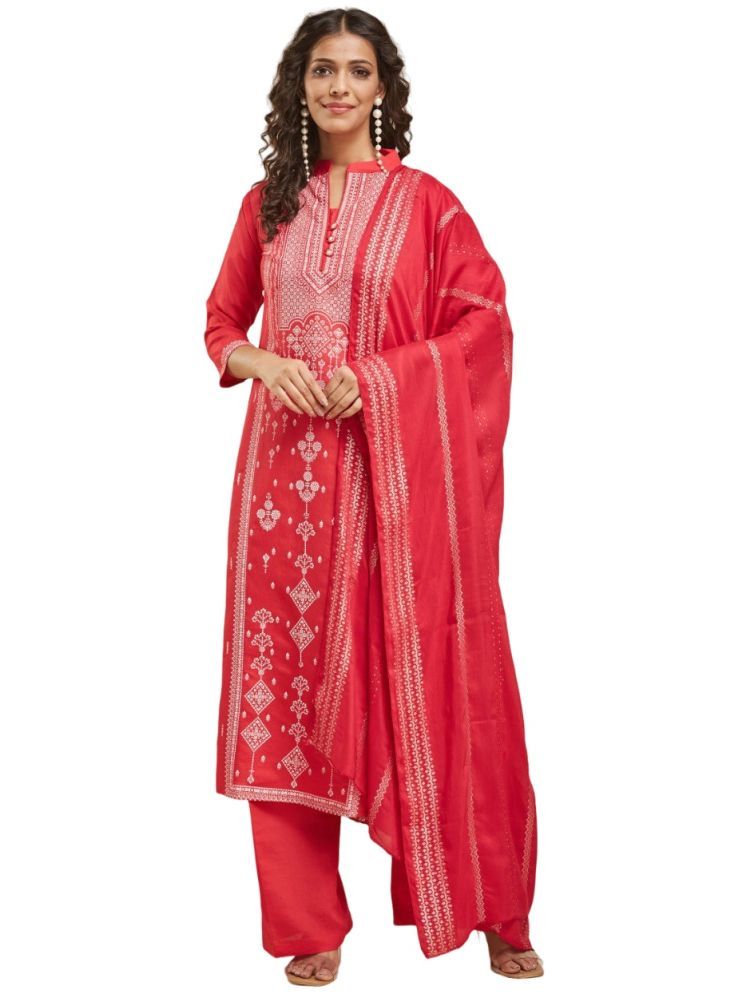     			Lady Shopi Chanderi Printed Kurti With Palazzo Women's Stitched Salwar Suit - Red ( Pack of 1 )