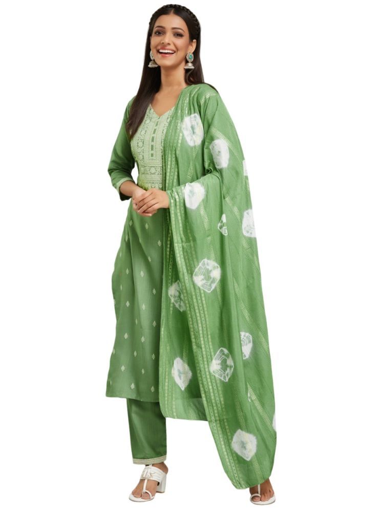     			Lady Shopi Chanderi Printed Kurti With Pants Women's Stitched Salwar Suit - Sea Green ( Pack of 1 )