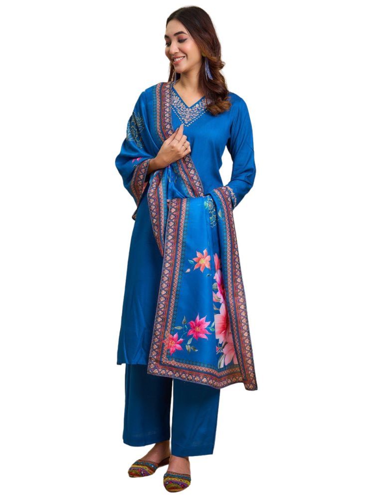     			Lady Shopi Rayon Embroidered Kurti With Palazzo Women's Stitched Salwar Suit - Blue ( Pack of 1 )