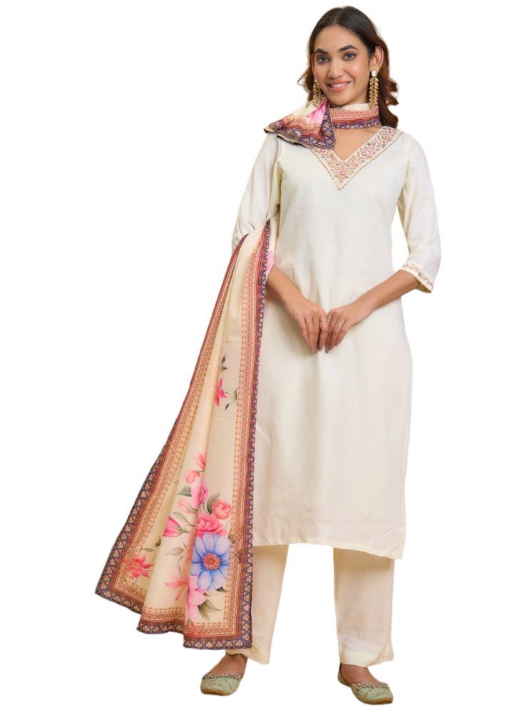     			Lady Shopi Rayon Embroidered Kurti With Pants Women's Stitched Salwar Suit - White ( Pack of 1 )