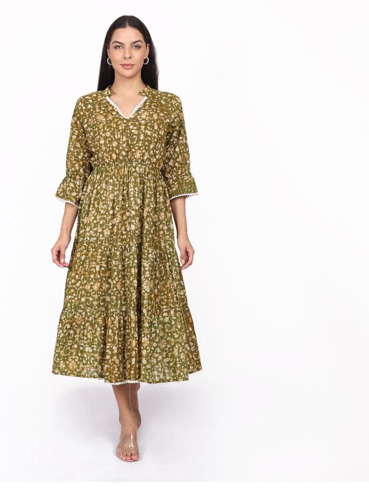     			SHADES OF YOU Cotton Blend Printed Midi Women's Fit & Flare Dress - Olive ( Pack of 1 )