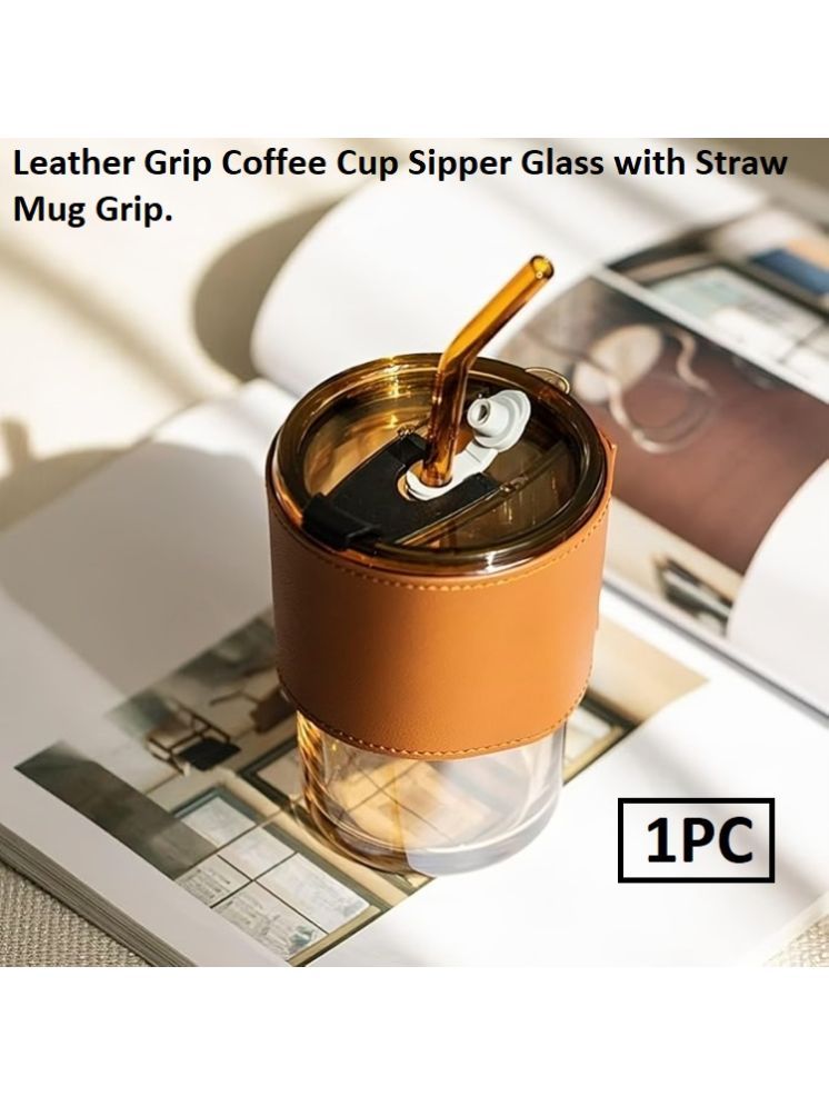     			Leather Grip Coffee Cup Sipper Glass with Straw Mug Grip