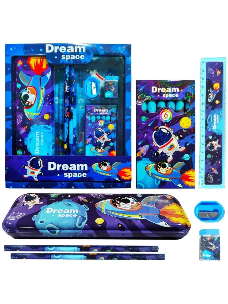     			Neelu Dream Space Stationery Kit with Pencil Box,Eraser,Scale,Sharpener and Crayon Stationary Set for Boys Kids Art Plastic Pencil Box (Set of 6, Multicolor)