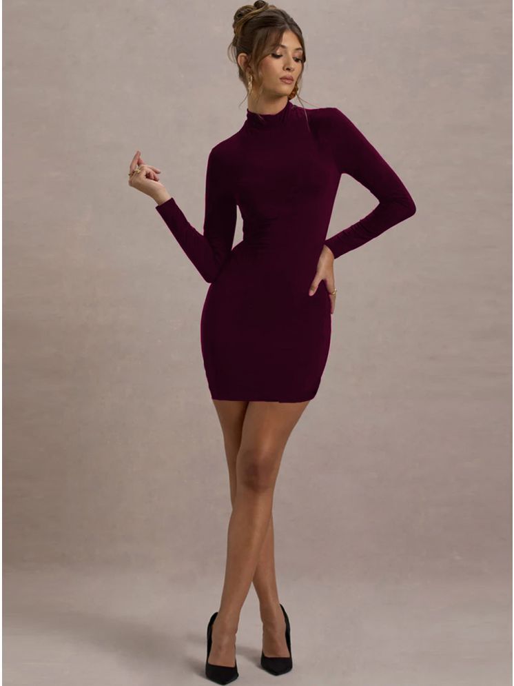     			VIOUR Lycra Solid Knee Length Women's Bodycon Dress - Wine ( Pack of 1 )