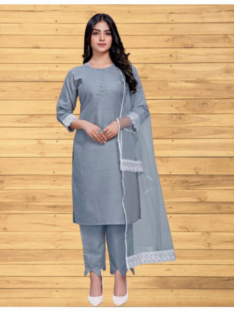     			BIPIN FASHION Cotton Silk Self Design Ethnic Top With Pants Women's Stitched Salwar Suit - Grey ( Pack of 1 )