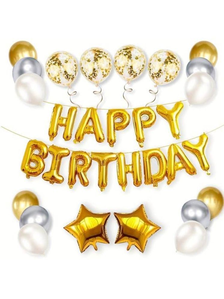     			PartyBooms Happy Birthday Gold Foil, 5 Confetti Balloons, 2 Gold Star Foil, 15 Each Gold, White, Silver Metalic Balloons Pack of 53