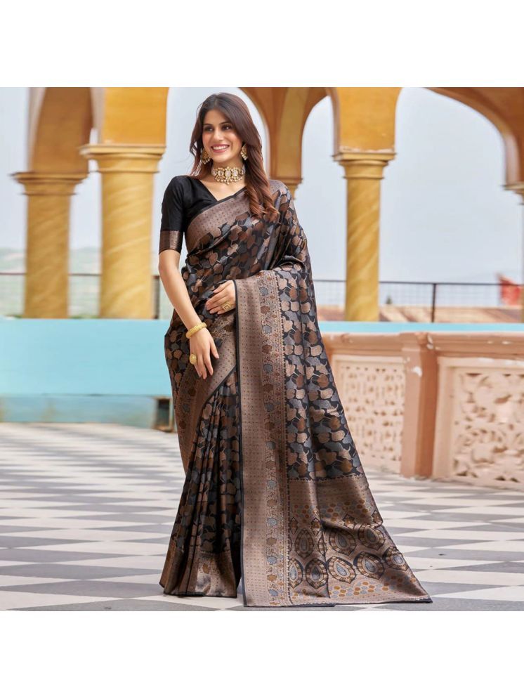     			Vividvibe Pack of 1 Banarasi Silk Printed Saree With Blouse Piece ( Black )