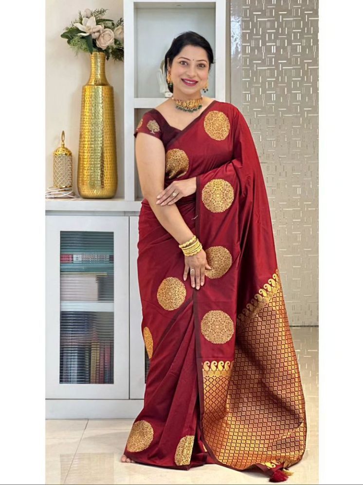     			Vividvibe Pack of 1 Banarasi Silk Woven Saree With Blouse Piece ( Red )