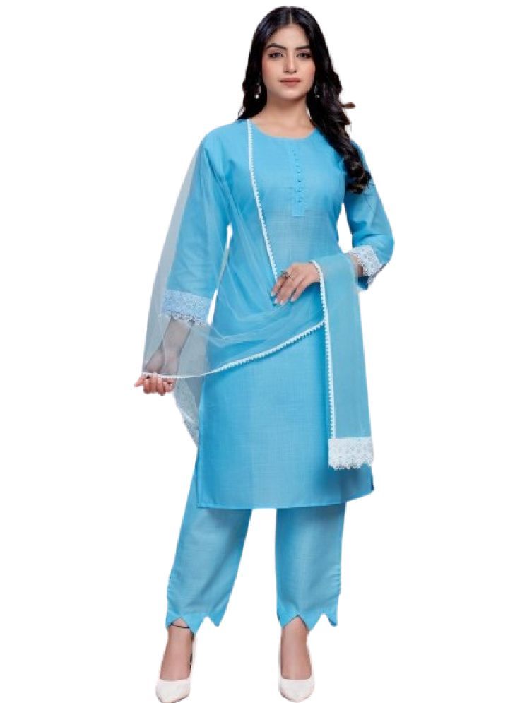     			bipinenterprise Cotton Self Design Kurti With Pants Women's Stitched Salwar Suit - Light Blue ( Pack of 1 )