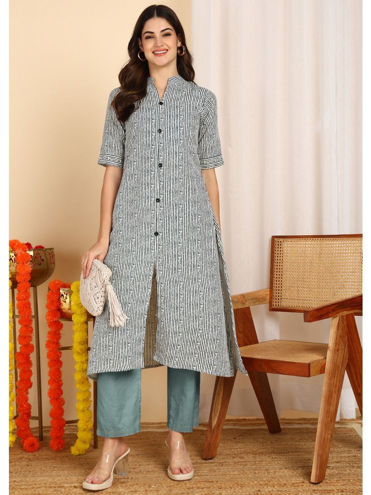     			DSK STUDIO Pack of 1 Cotton Blend Striped Front Slit Women's Kurti - ( Light Blue )