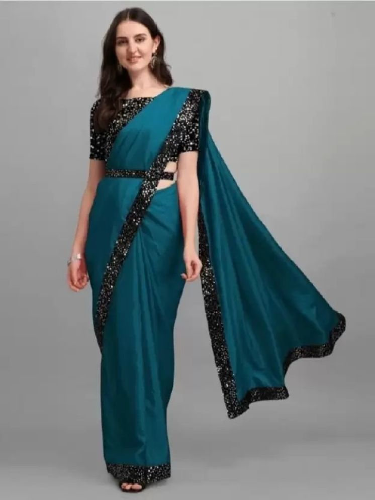     			Vkaran Pack of 1 Lycra Embellished Saree With Blouse Piece ( Turquoise )