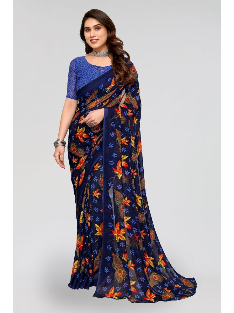     			ANAND SAREES Pack of 1 Georgette Printed Saree With Blouse Piece ( Navy Blue )