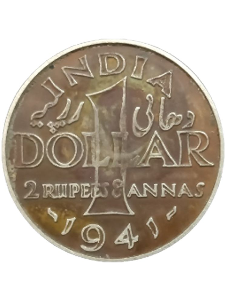     			INDIA 1 DOLLAR 2 RUPEES & 8 ANNAS 1941  KING GEORGE VI SILVER COIN