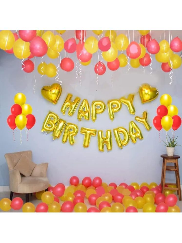     			PartyBooms Happy Birthday Gold Foil Banner, 2 Gold Heart Foil, 20 Yellow Balloon & 20 Red Balloon (Pack of 43)