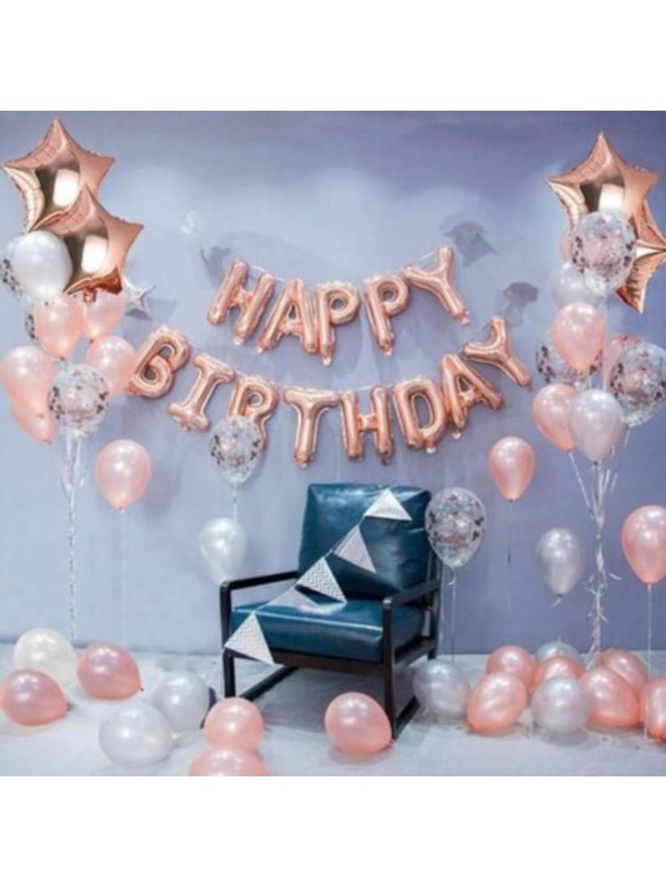     			PartyBooms Happy Birthday RoseGold Foil Banner, 4 RoseGold Star Foil Balloons & 10 RoseGold Balloon 10 White Balloons & 5 Confetti Balloons (Pack of 30)