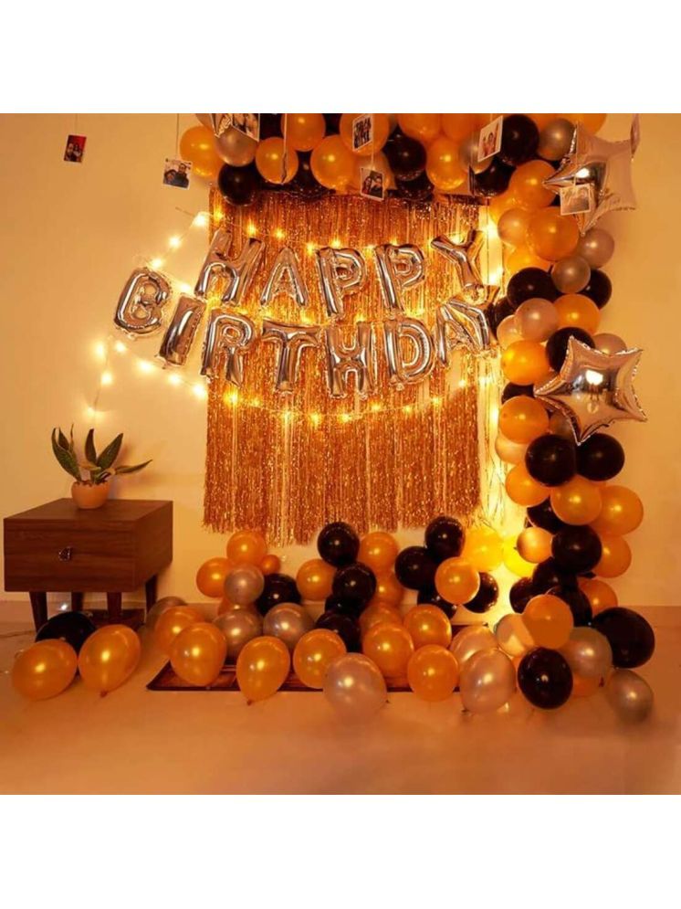     			PartyBooms Happy Birthday RoseGold Foil Banner, 2 Silver Star, 1 Gold Curtain 40 Balloons Golden, Silver & Black Pack of 44