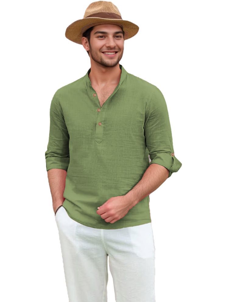     			UNI VIBE Light Green Cotton Blend Men's Shirt Style Kurta ( Pack of 1 )