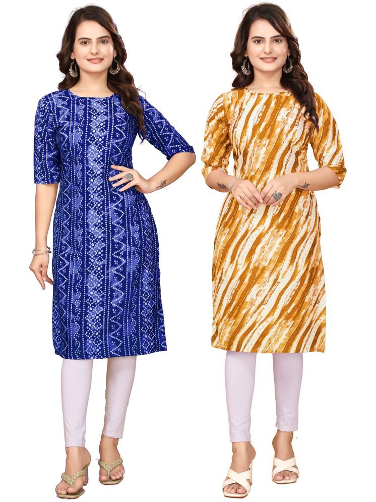     			PEAFOWL INCORPORATION Pack of 2 Crepe Printed Straight Women's Kurti - ( Blue,Yellow )