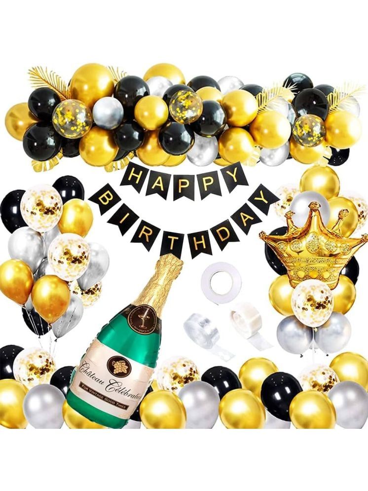     			PartyBooms Happy Birthday Black Banner, 1 Crown & 1 Champange Foil, 10 Confetti , 15 Silver, 15 Black, 15 Gold Balloons, (Pack Of 58)