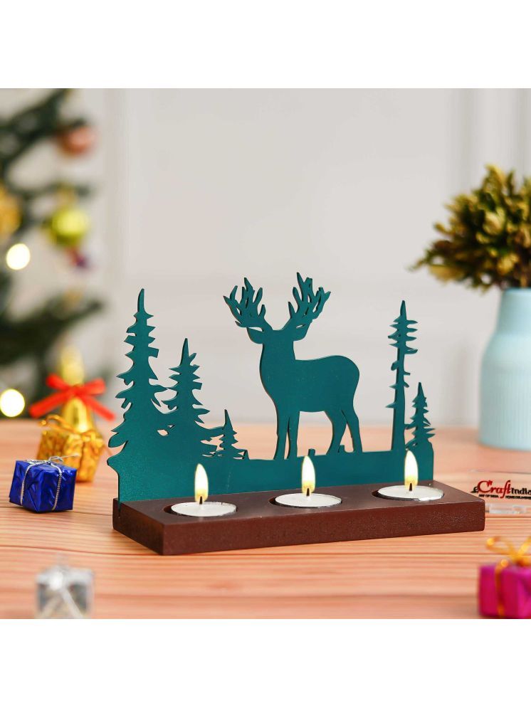     			eCraftIndia Green & Brown Reindeer Christmas Tree Wooden Tea Light Candle Holders