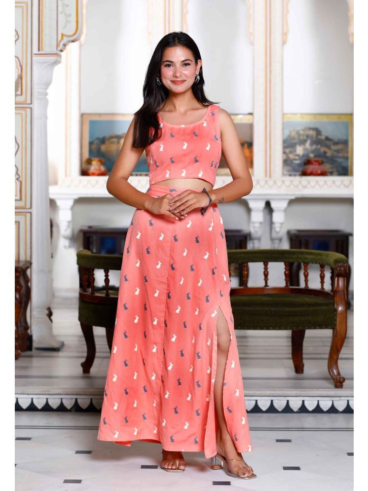     			Doriyaan Cotton Printed Ethnic Top With Skirt Women's Stitched Salwar Suit - Peach ( Pack of 1 )