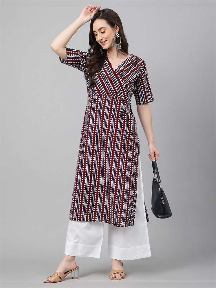     			Janasya Pack of 1 Cotton Printed Straight Women's Kurti - ( Maroon )