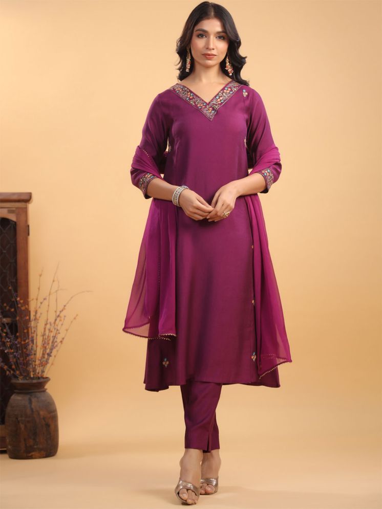     			Janasya Silk Blend Embroidered Kurti With Pants Women's Stitched Salwar Suit - Purple ( Pack of 1 )