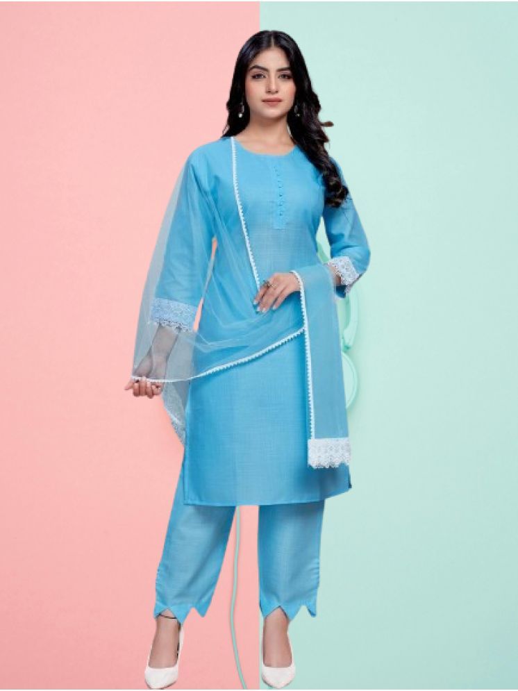     			RUTSH CREATION Cotton Solid Kurti With Pants Women's Stitched Salwar Suit - Blue ( Pack of 1 )