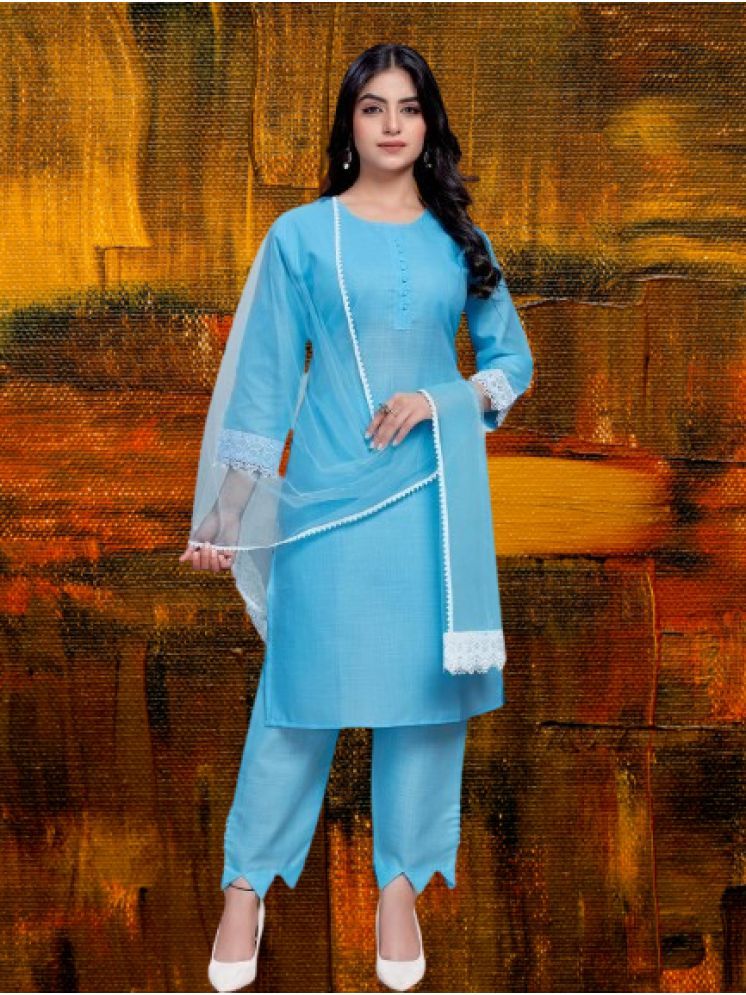     			RUTSH CREATION Cotton Solid Kurti With Pants Women's Stitched Salwar Suit - Blue ( Pack of 1 )