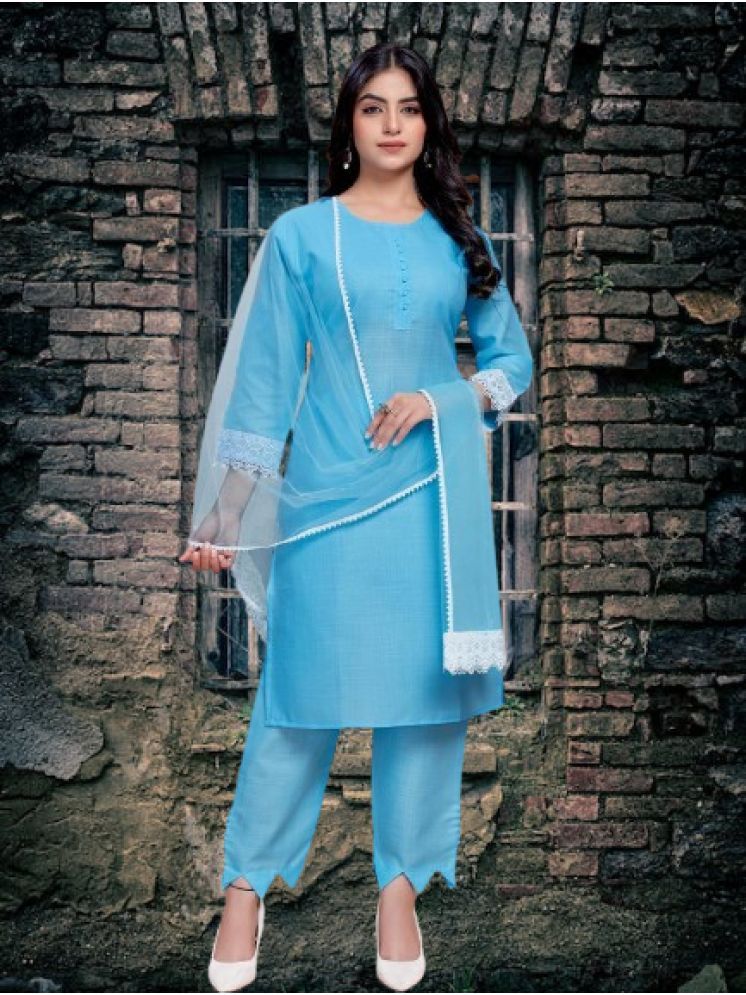     			RUTSH CREATION Cotton Solid Kurti With Pants Women's Stitched Salwar Suit - Blue ( Pack of 1 )