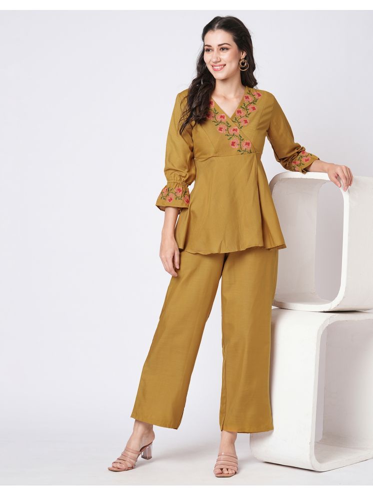     			Selvia Mustard Embroidered Pant Top Set