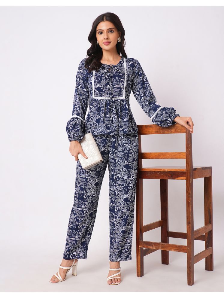     			Selvia Navy Blue Printed Pant Top Set