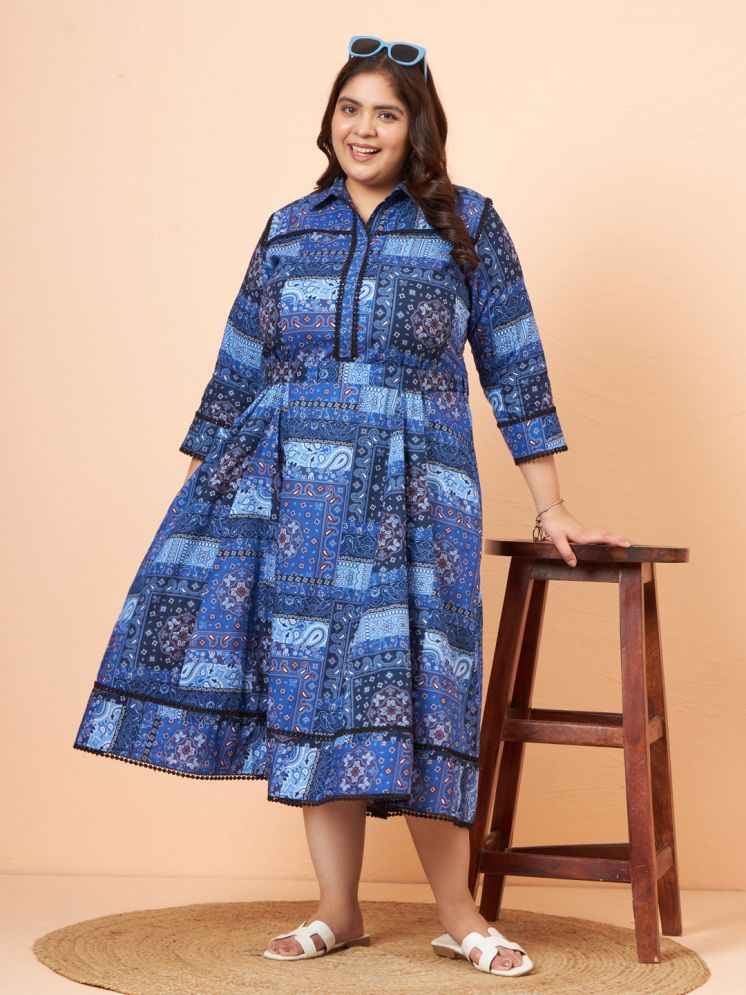     			Tissu Cotton Printed Midi Women's Fit & Flare Dress - Blue ( Pack of 1 )