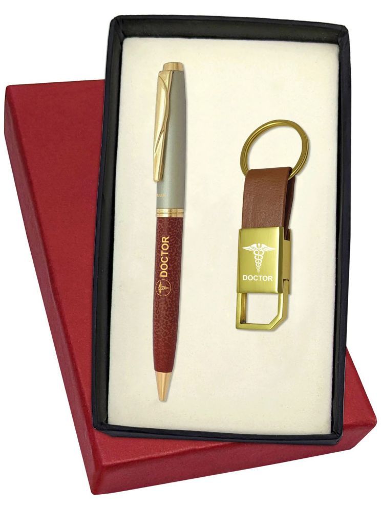     			UJJi Doctor Logo Leather Coated Brown with Golden Part Keychain and Pen Gift Set