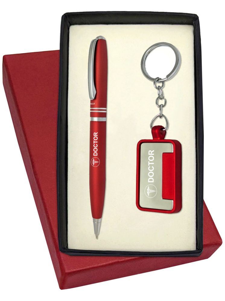     			UJJi Doctor Logo Ring Design Red Colour Metal Pen with Keychain Pen Gift Set