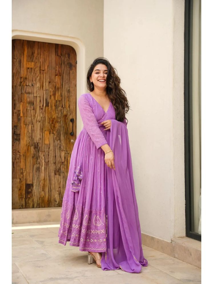     			Estela Georgette Embroidered Kurti With Pants Women's Stitched Salwar Suit - Purple ( Pack of 1 )